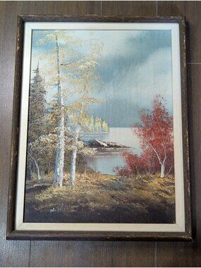 Vintage 1970s Oil Painting Canadian Lake Landscape Birch Autumn Signed Barnwood